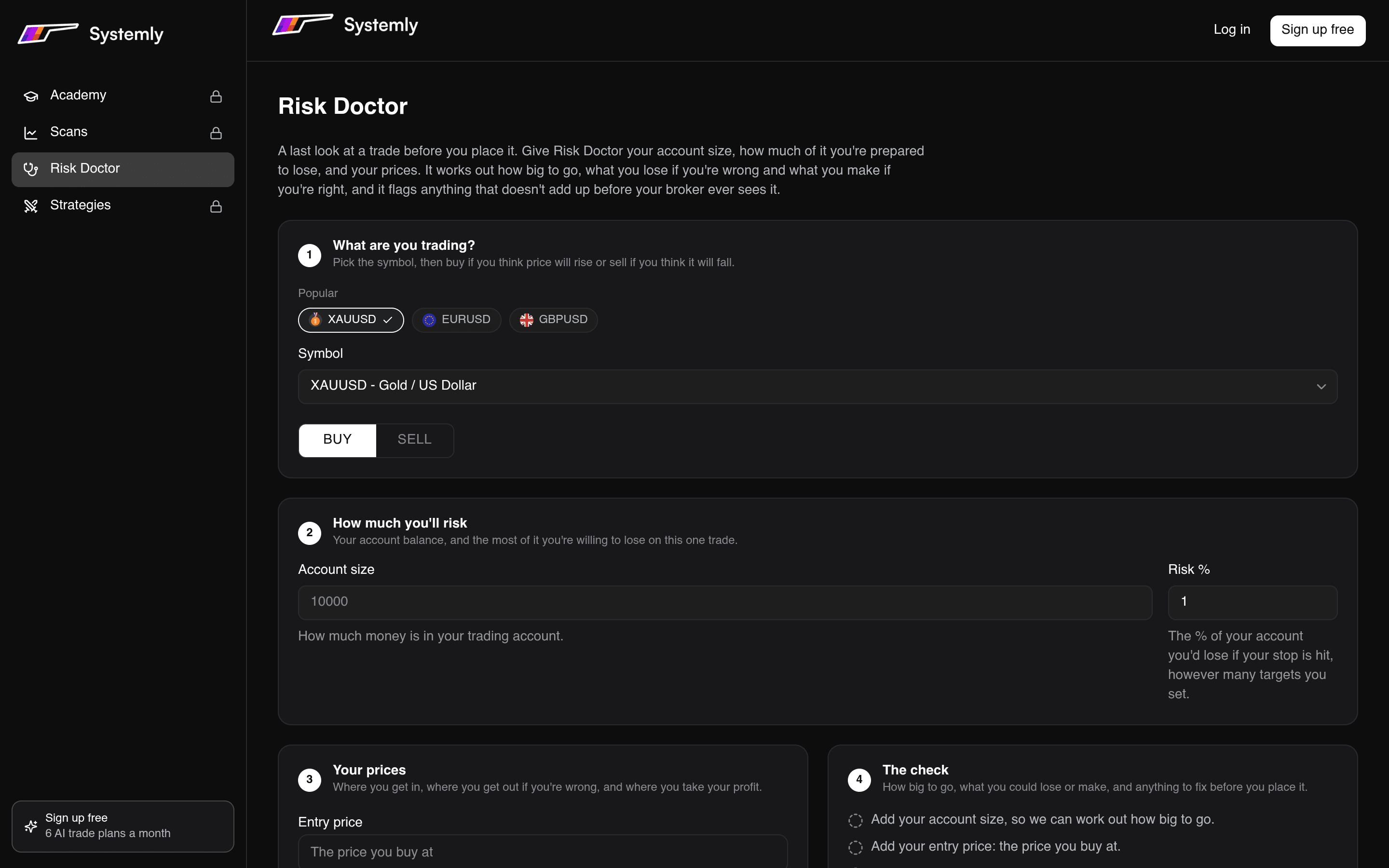 Systemly Risk Doctor tool asking for the instrument, account size, risk percentage and trade prices