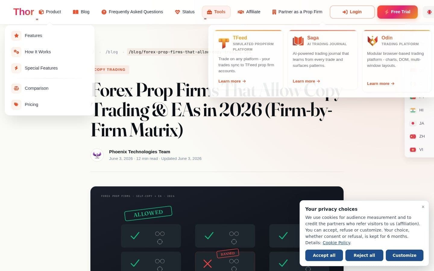 Blog post headlined 'Forex prop firms that allow copy trading and EAs in 2026 (firm-by-firm matrix)'