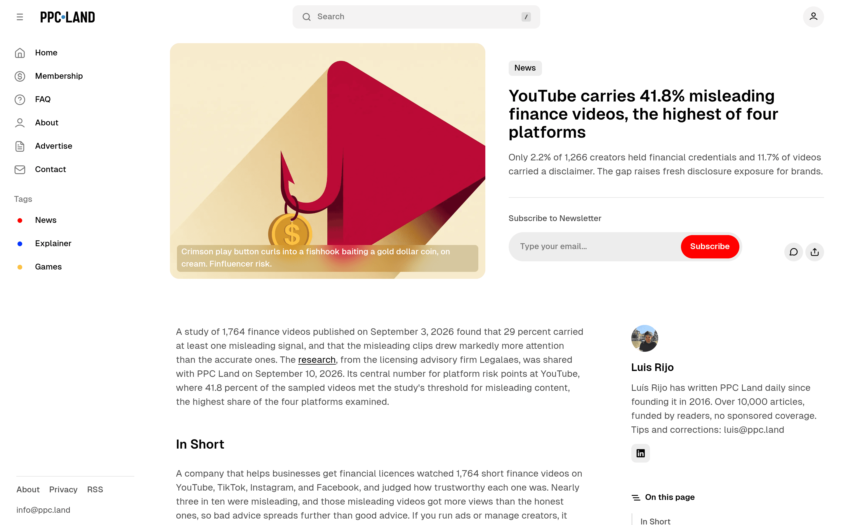 PPC Land article headlined 'YouTube carries 41.8% misleading finance videos, the highest of four platforms'