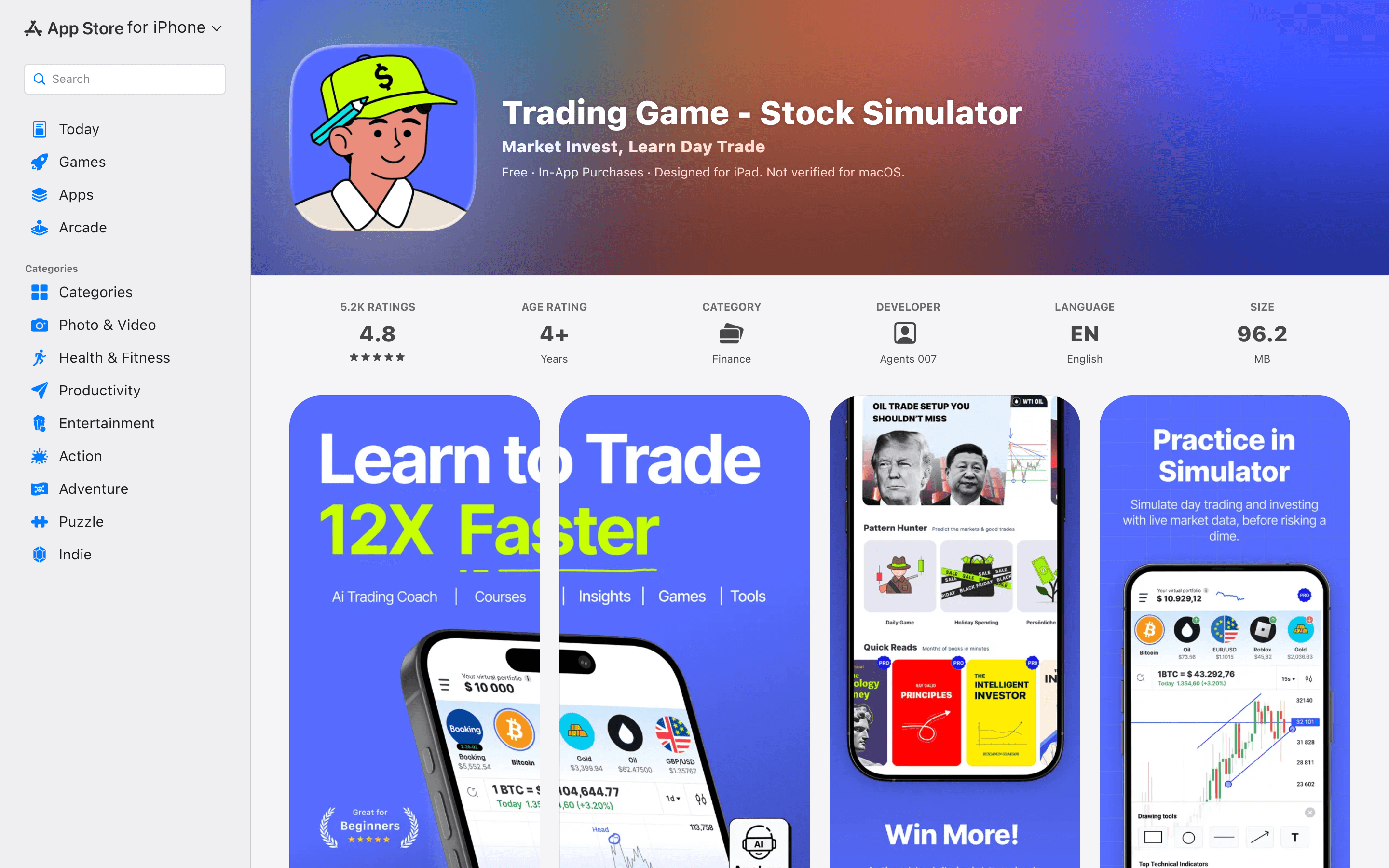 Trading Game stock simulator listing on the App Store with lesson and practice screenshots