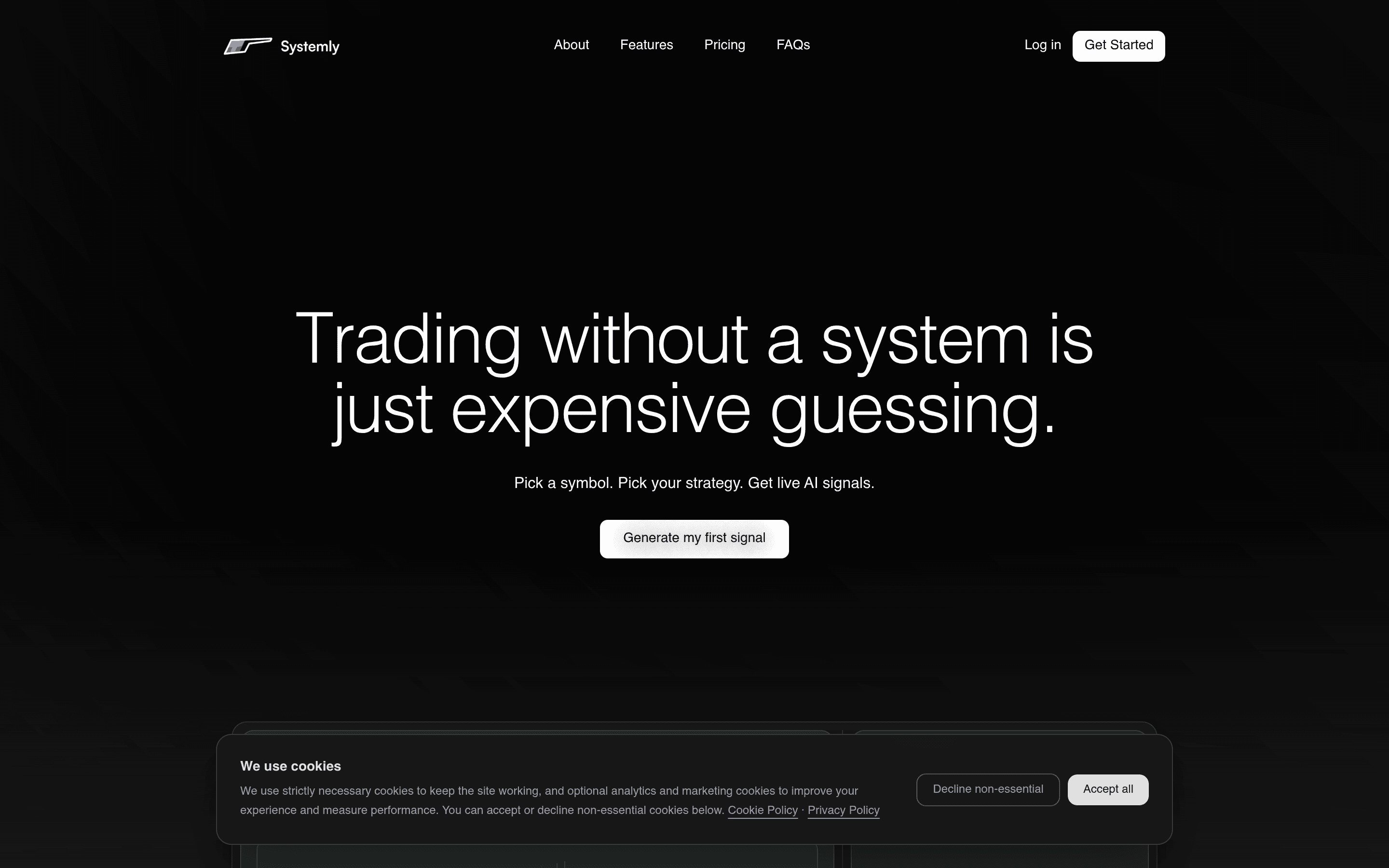 Systemly homepage headline reading 'Trading without a system is just expensive guessing'