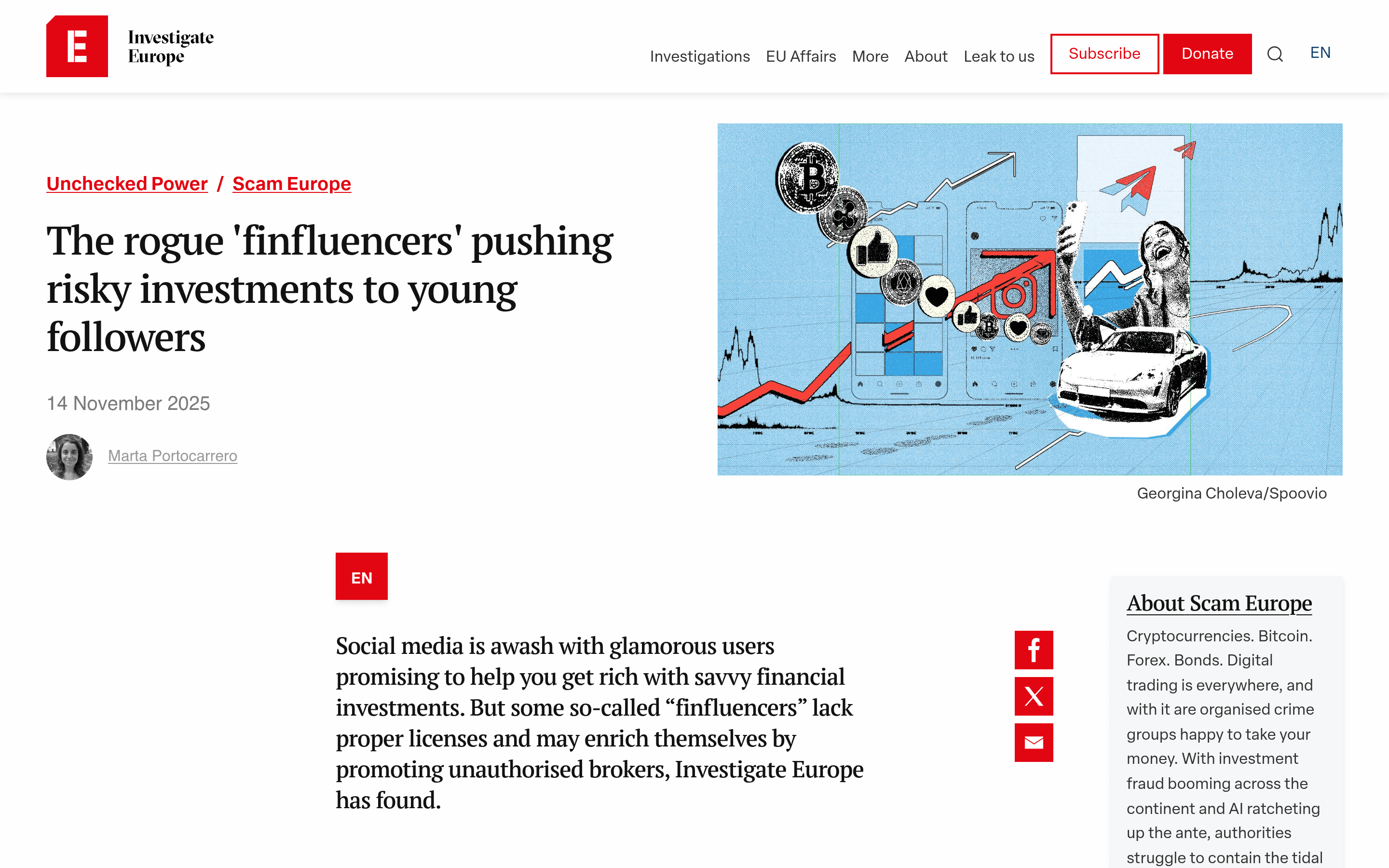 Investigate Europe article headlined 'The rogue finfluencers pushing risky investments to young followers'
