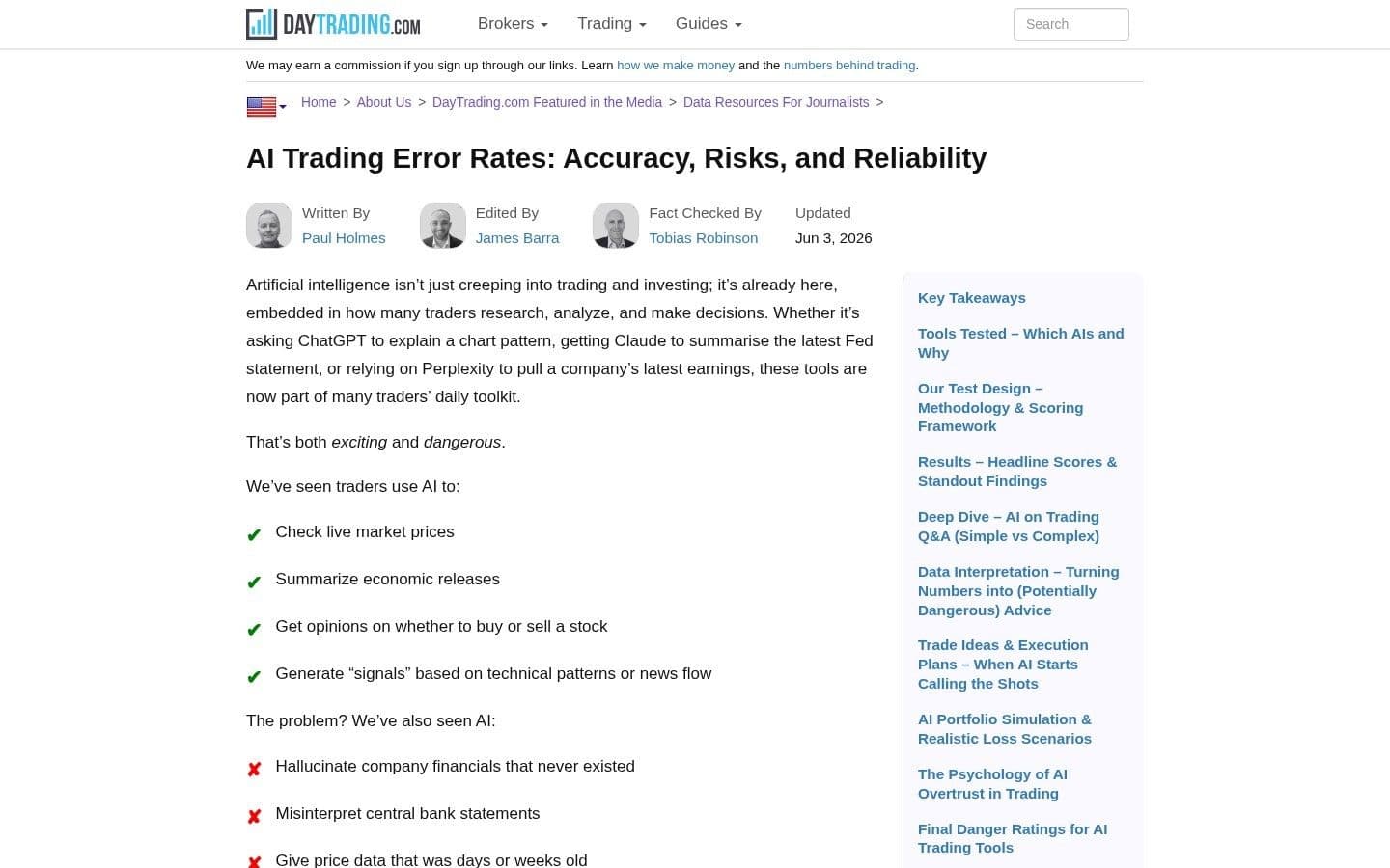 DayTrading.com article headlined 'AI Trading Error Rates: Accuracy, Risks, and Reliability'